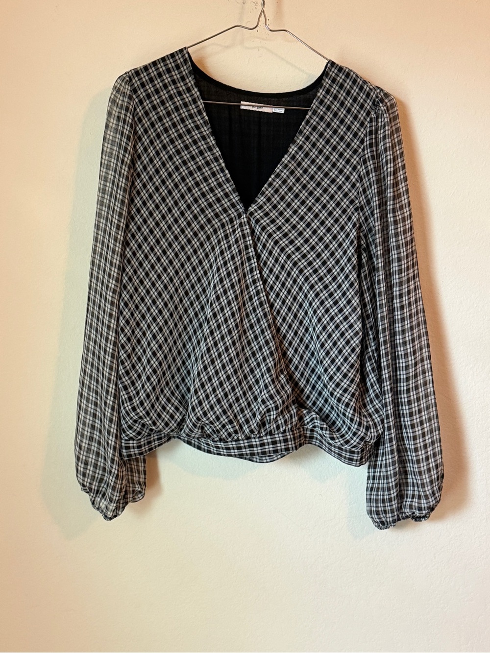 Mi Ami Faux Wrap Black & White Plaid V-Neck Long Sleeve Blouse